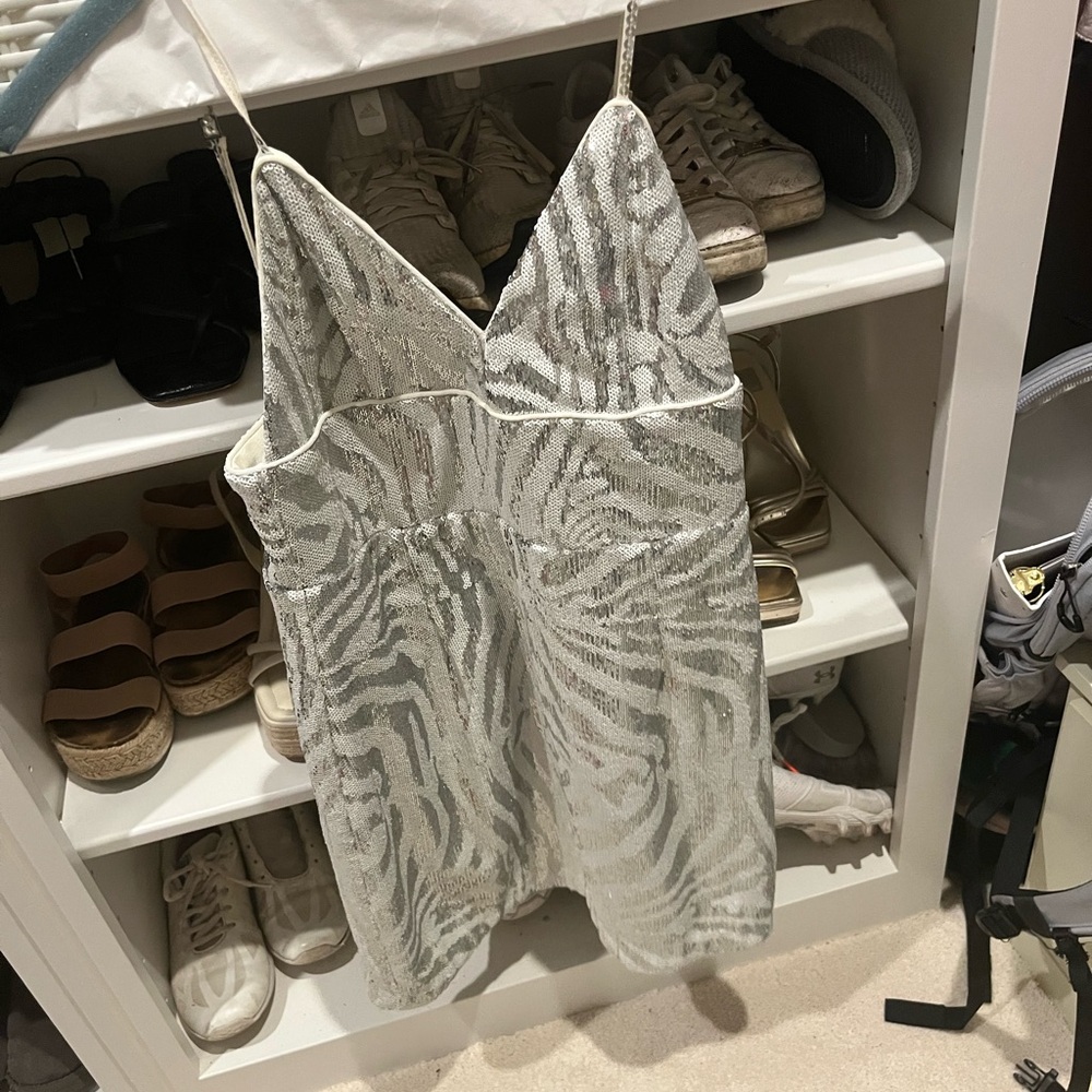 NBD Zebra Silver Sequin Mini Dress